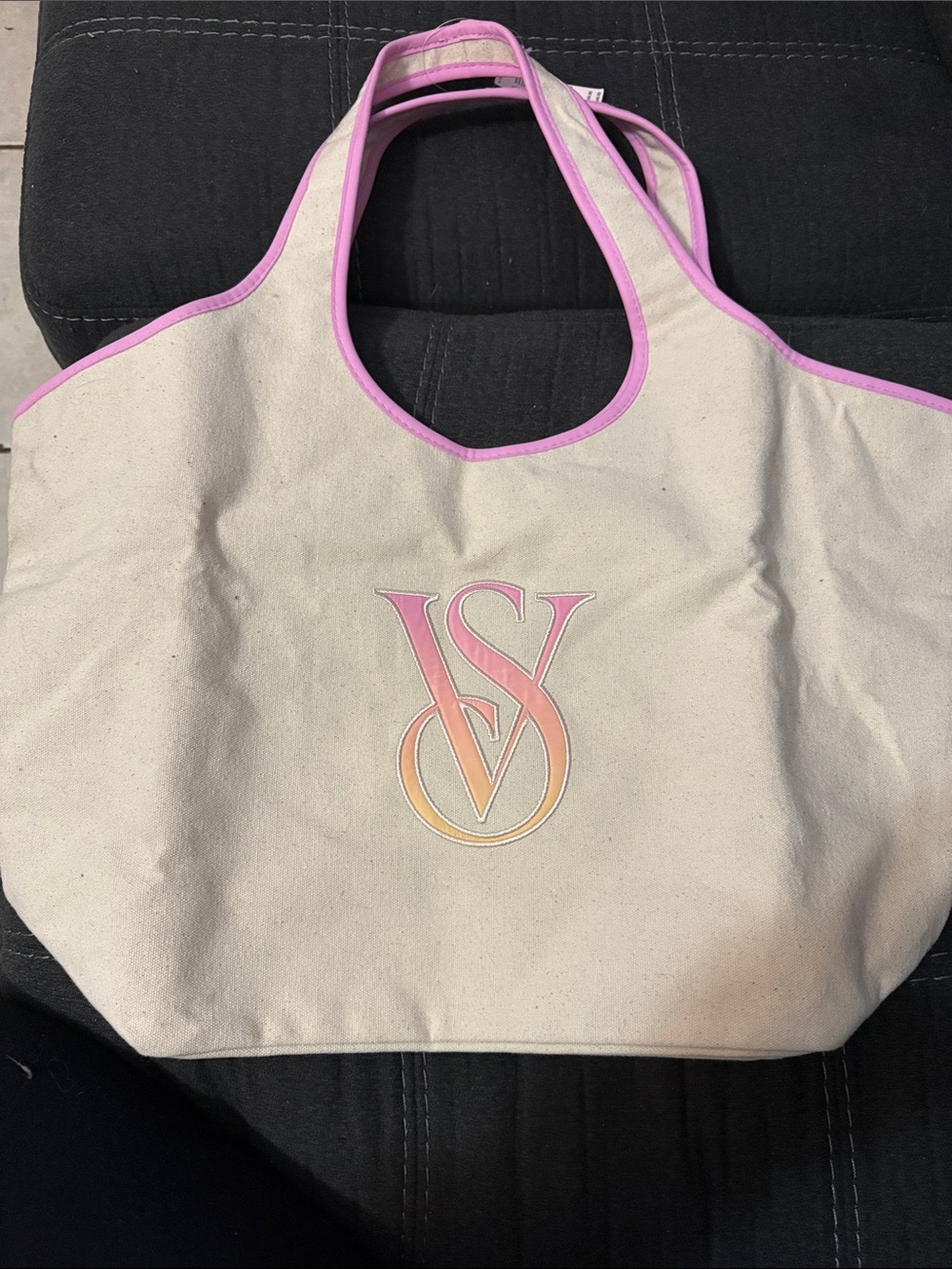 Victoria's Secret Cream Canvas Tote with Pink Trim and Gradient Logo